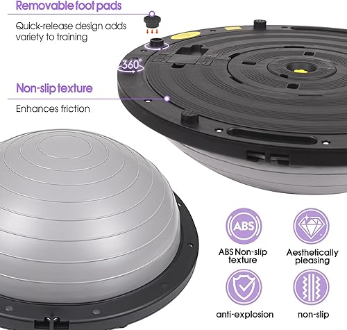 Miniatura 6 de Half Balance Ball Trainer, pelota de estabilidad de 26 pulgadas con bandas de resistencia, pelota de ejercicio con bomba de pie, color gris