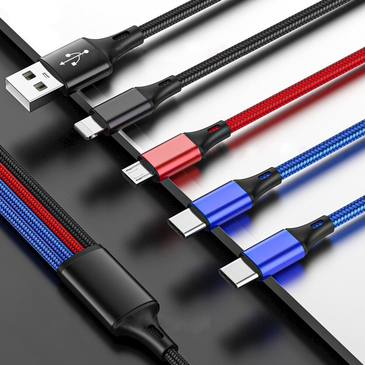 Multi Charging Cable 2Pack 4FT 4 in 1 Two Type-C Port Nylon Braided Multiple USB Fast Charging Cord Adapter Type C Micro USB Port Connectors Compatible Cell Phones Tablets (10, 4FT)