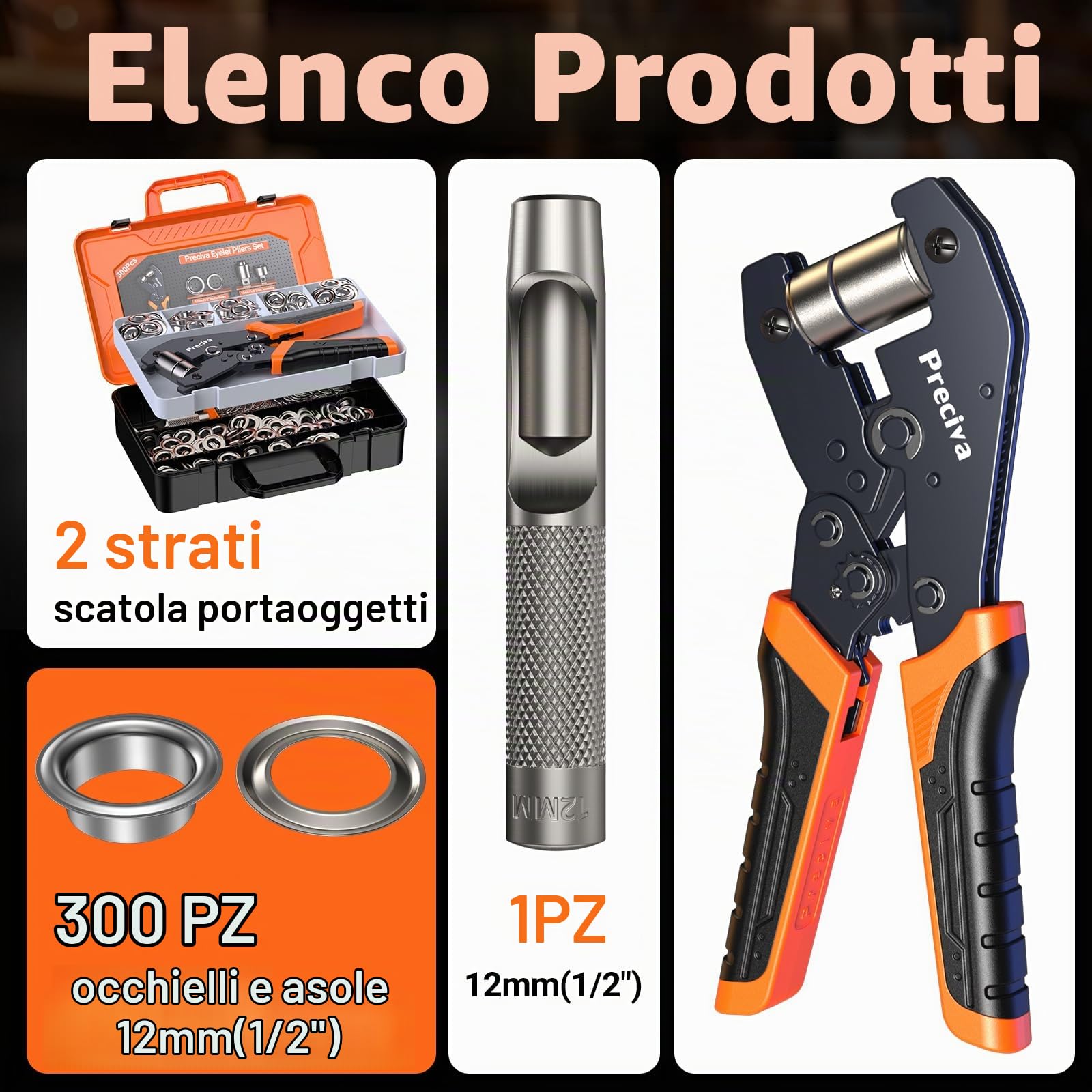 Occhielli per Teloni Professionali,Preciva Occhiellatrice con 300 Pezzi Occhiello (Ø interno 12mm), per Teloni Multifunzione per Pelle Telone Cartone PVC Tessuto e tende da sole etc.