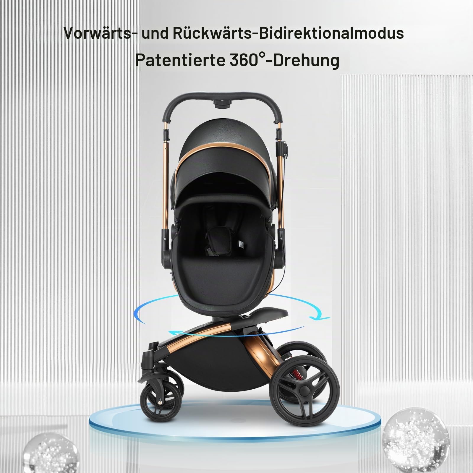 PU-Leder Kinderwagen 3 in 1, Buggy mit Verstellbarem Sitz 360° Drehbar, Kinderwagen Faltbarem Tragbarem One-Click-Design, Kinderwagens 3 in 1 Komplettset Zubehör Hohe Landschaft (906 White)