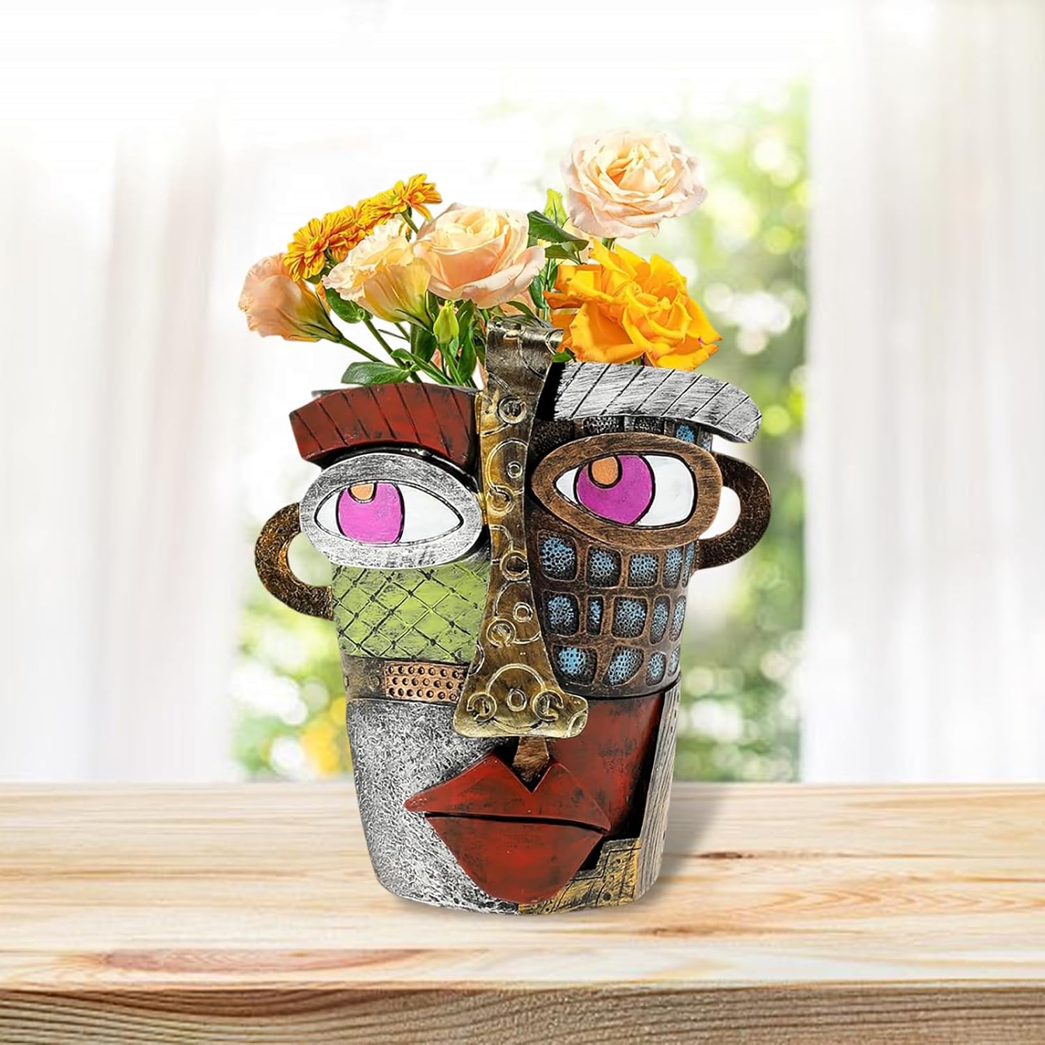 Funvalley Surperfect Brutalist Abstract Face Planter Pots, Unique Head Flower Pot for Indoor & Outdoor Plants, Funny Face Vase with Vibrant Colors, Resin Art Planter for Home & Garden Decor (Retro)