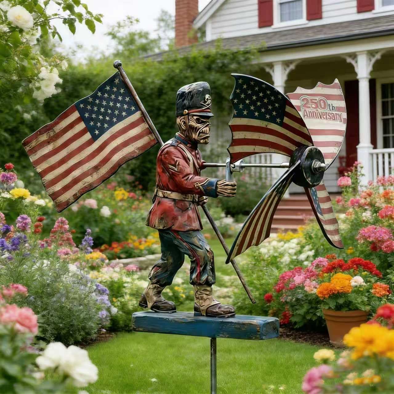 250th Anniversary Garden Wind Spinner, 1776-2026 Metal Outdoor Decor, Patriotic Soldier Wind Sculpture with American Flag, Metal Outdoor Wind Spinner Decor for Yard, Patio, Garden