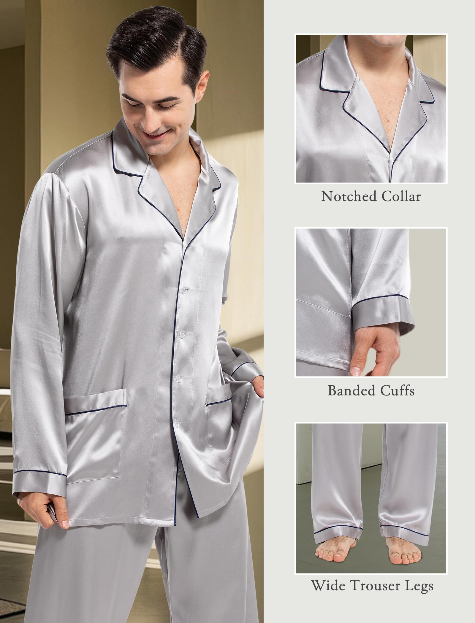 COLD POSH Herren Seide Schlafanzug Pyjama Homewear 19 Momme Nachtw?sche mit Langen ?rmel Loungewear