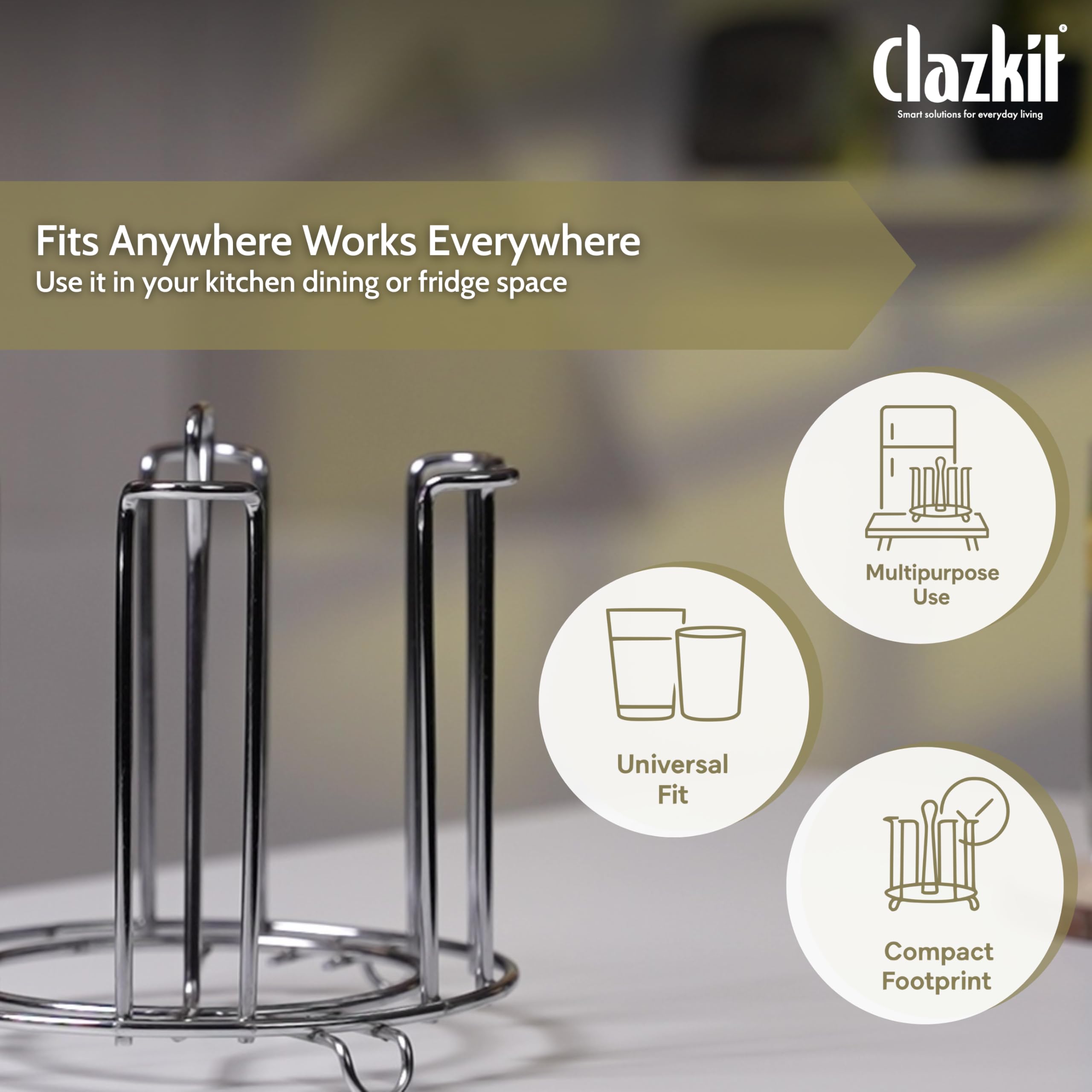 Clazkit Stainless Steel Glass Holder for 6 Glasses, Glass Stand Steel for Dining Table/Kitchen, Tumbler Holder, Pull-Out Countertop Shelves Heavy Duty - SILVER — Amazon image 5