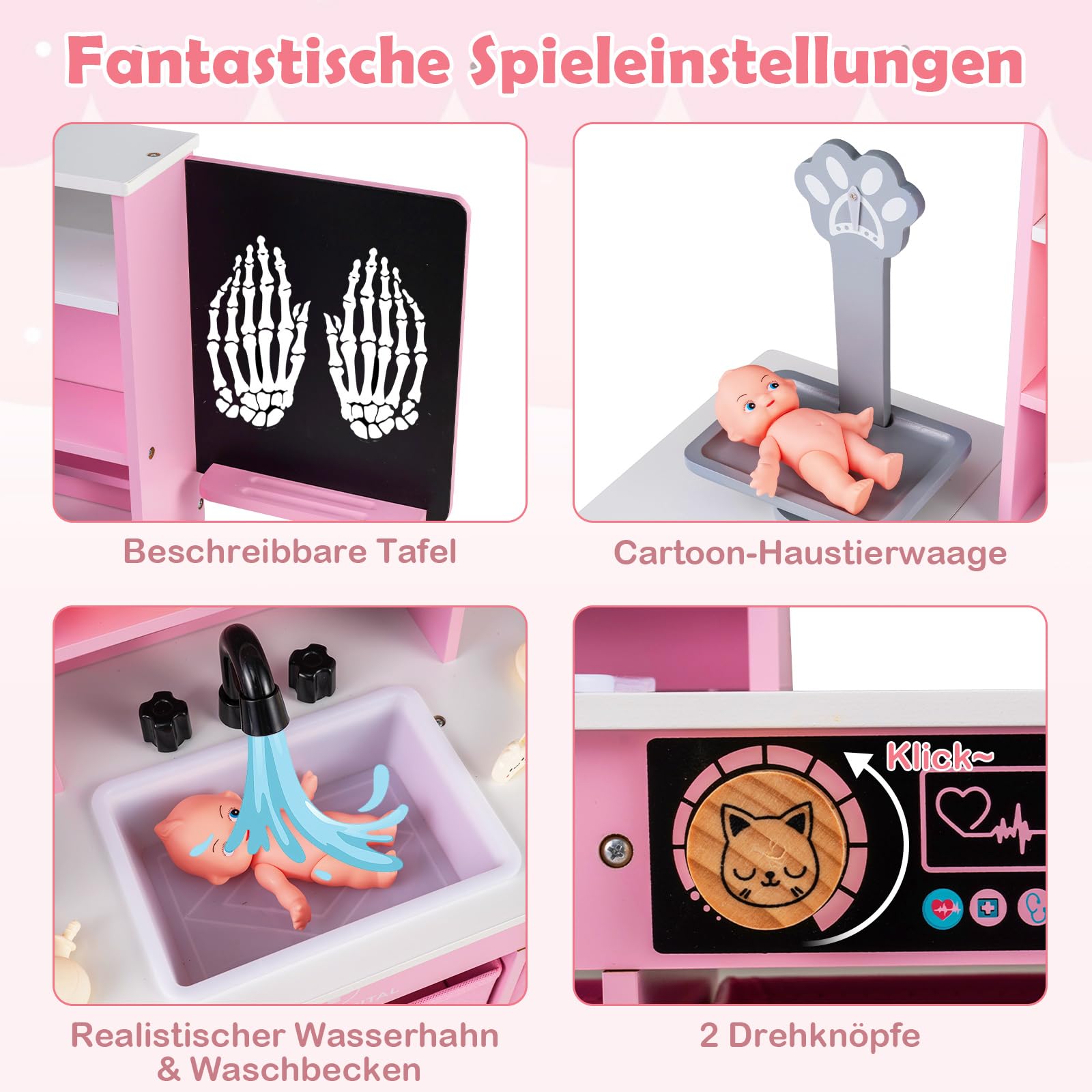 COSTWAY Krankenhaus Spielzeug Kinder, Arztkoffer mit Tafel & klappbarer Tischplatte, medizinisches Spielset inkl. Stethoskop, Tierwaage usw. , Tierarzt Doktor-Spiezeug für Kinder ab 3 Jahren (Rosa)