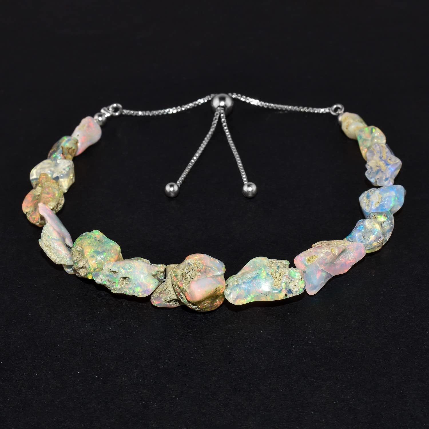 OdrillionGems Natural Raw Ethiopian Opal Gemstones Bolo Bracelet, Opal Rough Stones, Healing Crystals, 925 Sterling Silver, Handmade, Birthstones, Adjustable Slider, Women Jewelry, Valentine Gifts