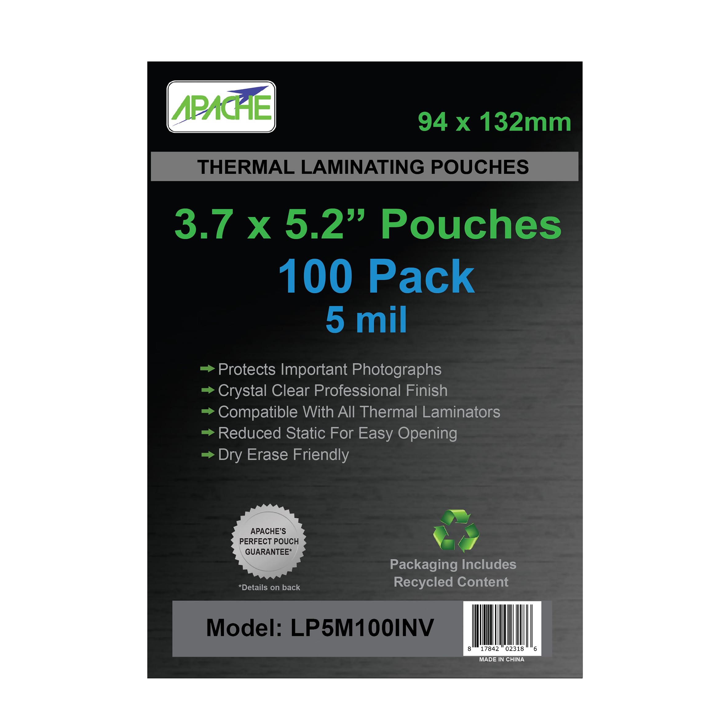 Apache Invitation Size Laminating Pouches, 5 Mil, 100 Pack, 3.7 x 5.2"