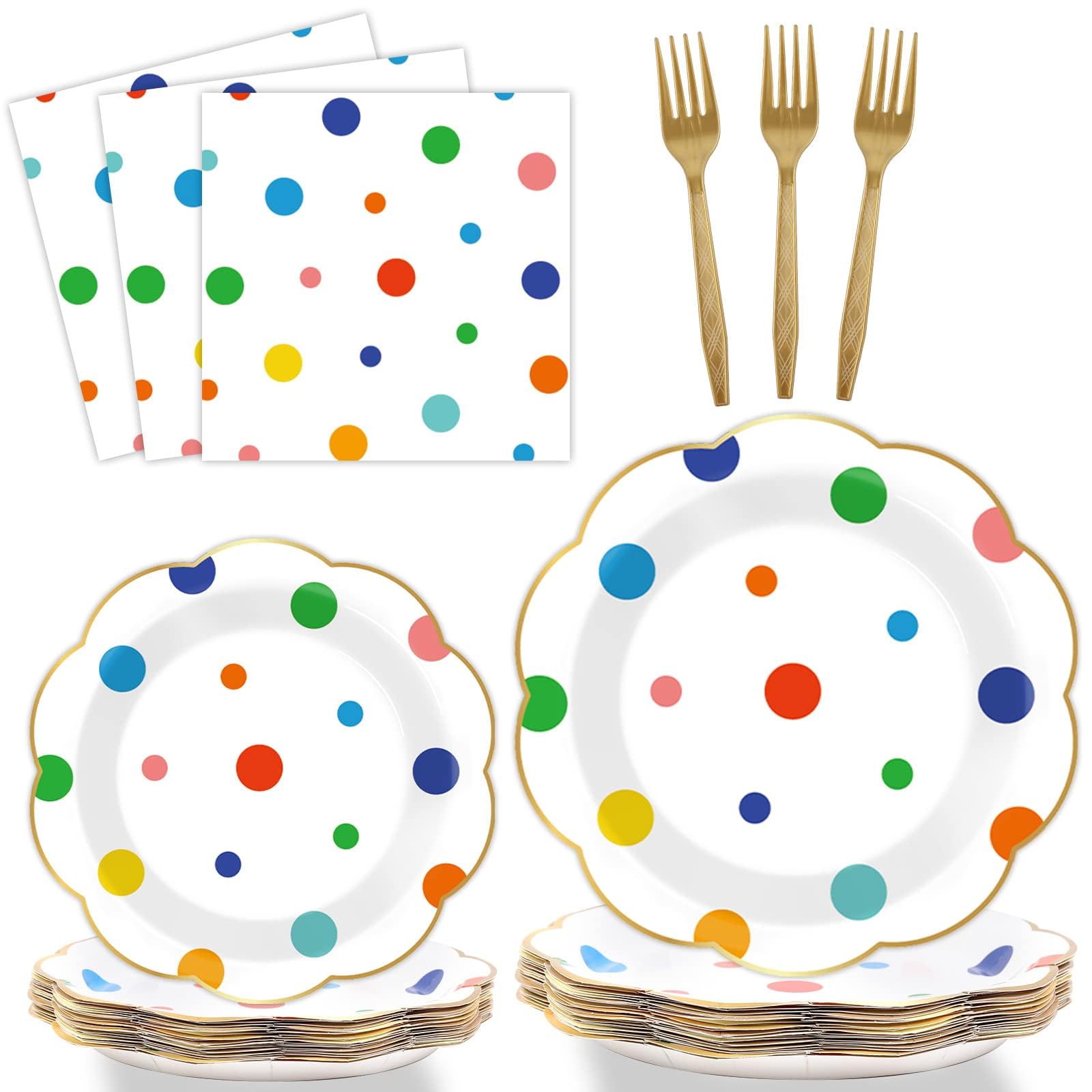 96 Pcs Colorful Birthday Plates and Napkins Colorful Polka Dots Party Supplies Rainbow Dots Tableware Table Decorations Confetti Plates Napkins Rainbow Party Favor for Baby Shower Wedding 24 Guests
