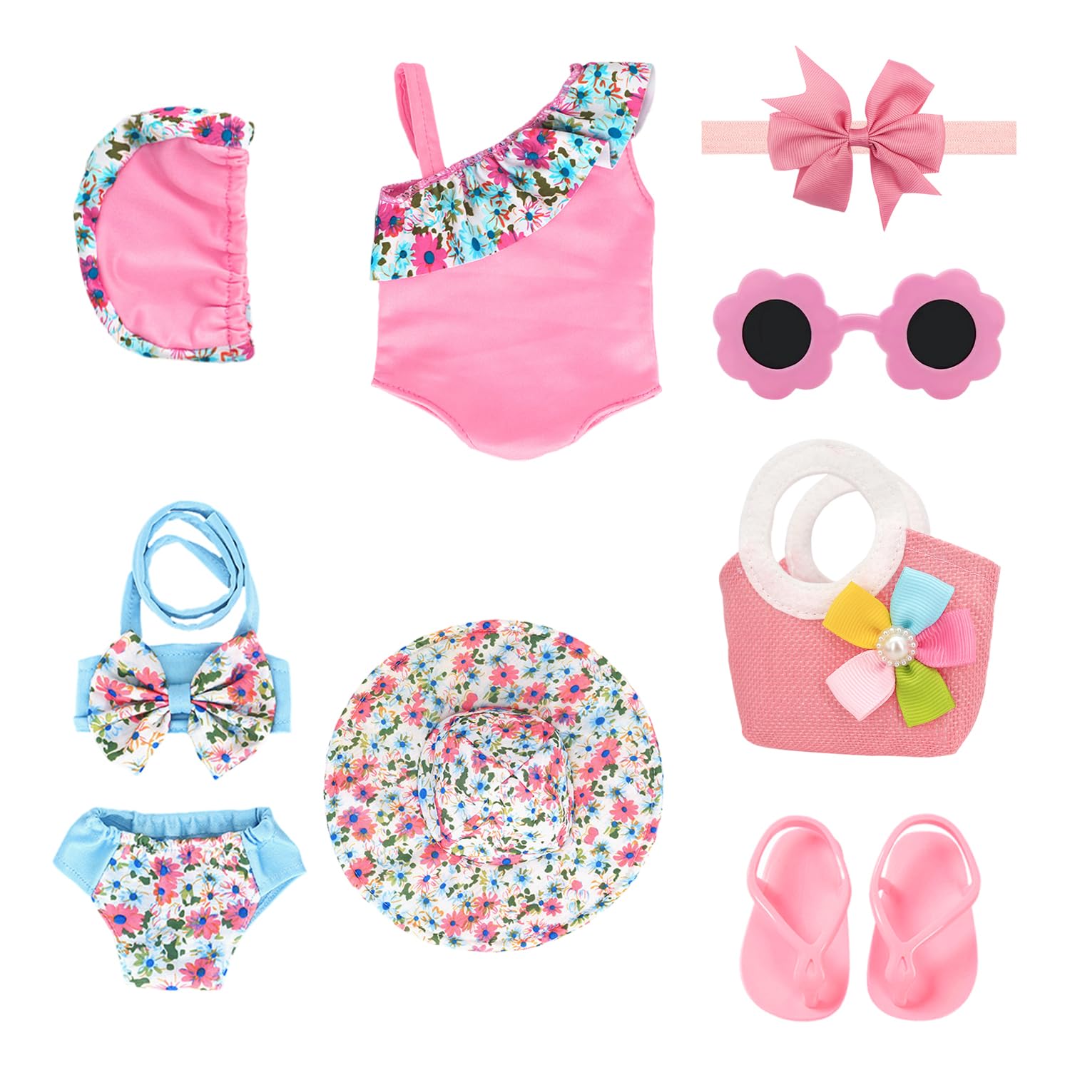 2 Pieces Swimsuits With Hat, 1 Pair Of Slippers, 1 Piece Handbag, 1 Piece Sunglasses And 1 Piece Headband, Cute Crossbody Bag