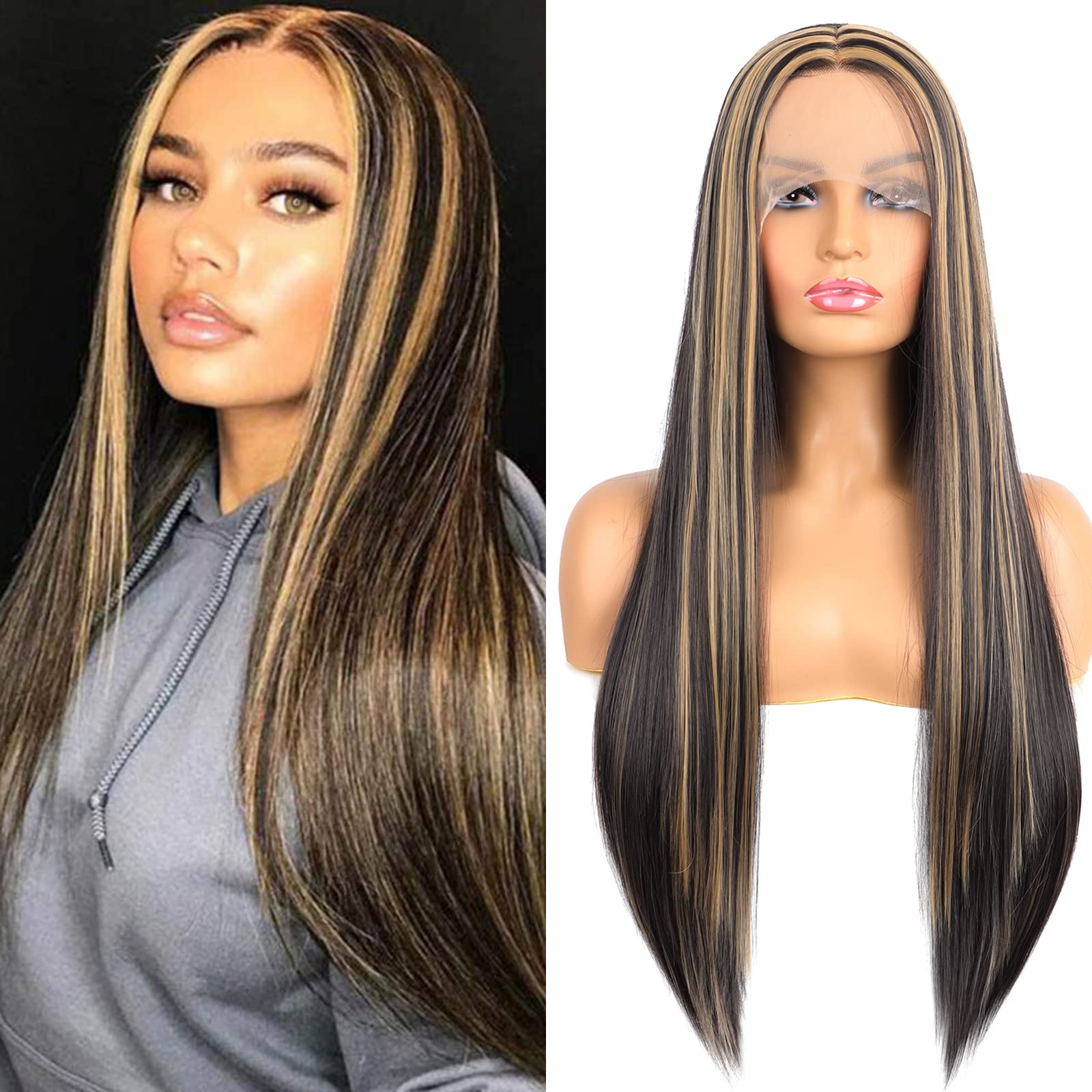 V'NICE Brown with Blonde Highlights Wig Synthetic Lace Front Piano Color Wigs Straight Heat Resistant Fiber Wig for Fashion Women (Brown with Blonde Highlights, 24 Inches)