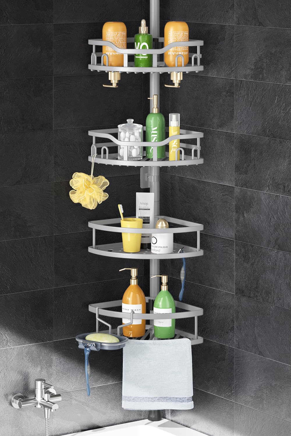 HAMITOR Corner Shower Caddy Tension Pole: High Capacity 4-Tier Rustproof Bathroom Organizer Shelves for Small Bathrooms - 47-121 inch Adjustable Floor Standing Bath Rack Holder - Silver Gray