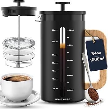 Home Hero French Press Coffee Maker - 34 oz Coffee Press with Bamboo Wood Handle, Heat Resistant Thick Borosilicate Glass French Presses, 4 Layer Filter, French Press Stainless Steel Black
