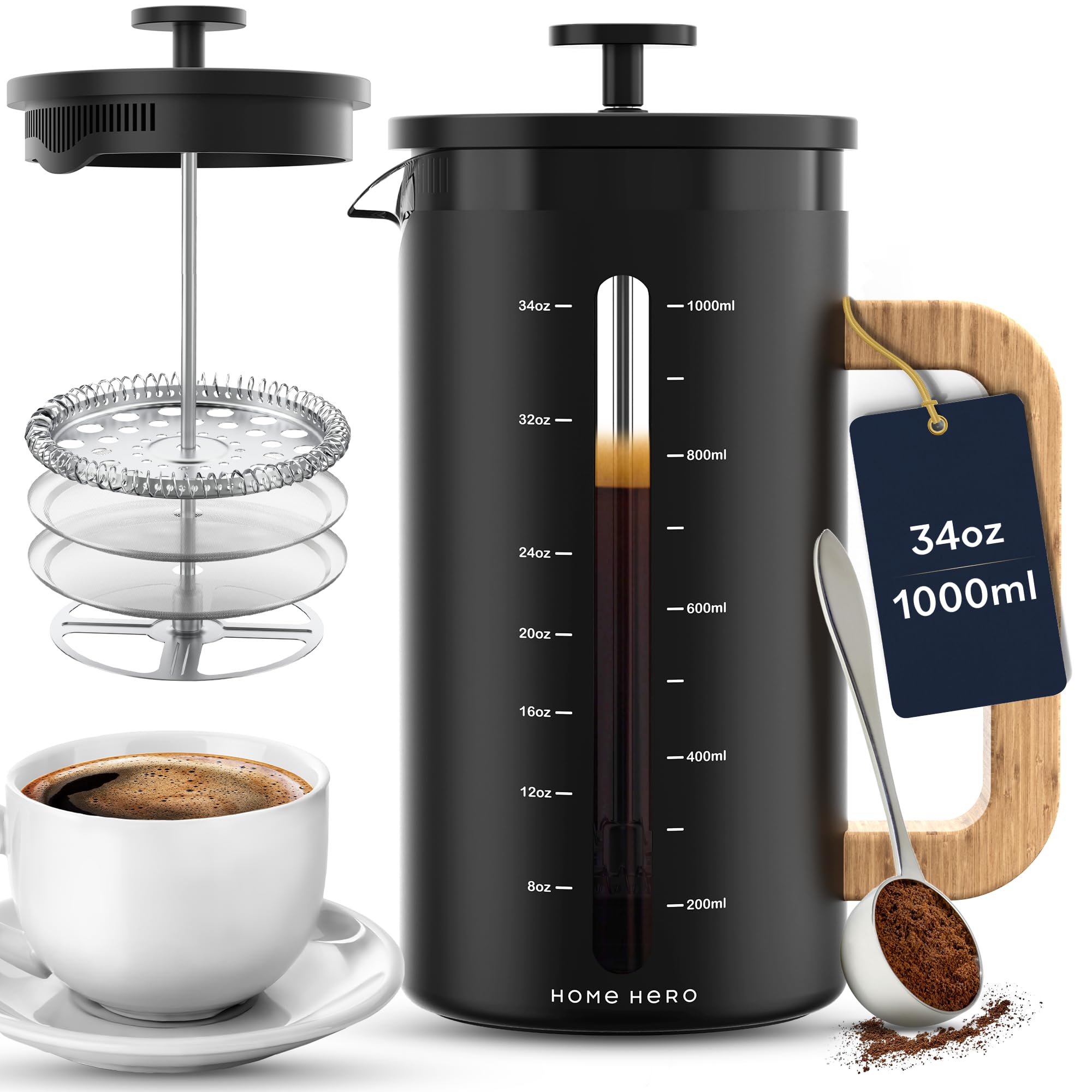 Home Hero French Press Coffee Maker - 34 oz Coffee Press with Bamboo Wood Handle, Heat Resistant Thick Borosilicate Glass French Presses, 4 Layer Filter, French Press Stainless Steel (Black)