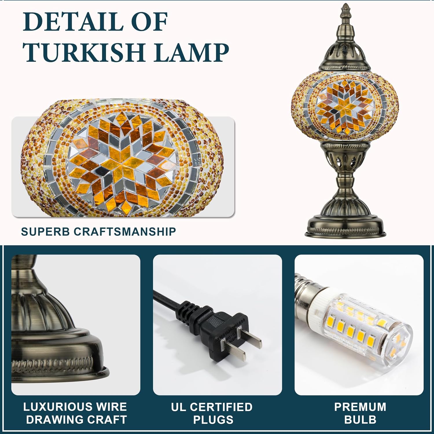 Marrakech Moroccan Mosaic Lamp Turkish Table Lamp, Handmade Turkish Light with Glass Shard and Bronze Base Including LED Bulb for Living Room Bedroom Decor (Yellow)