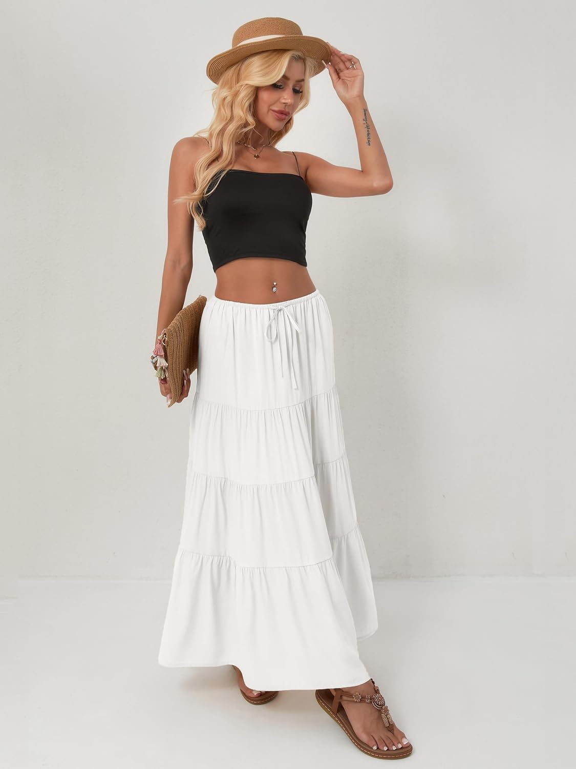 Women's Maxi Skirts Flowy Skirt Elastic High Waist Pleated A-Line Flared Long Skirts - Image 6
