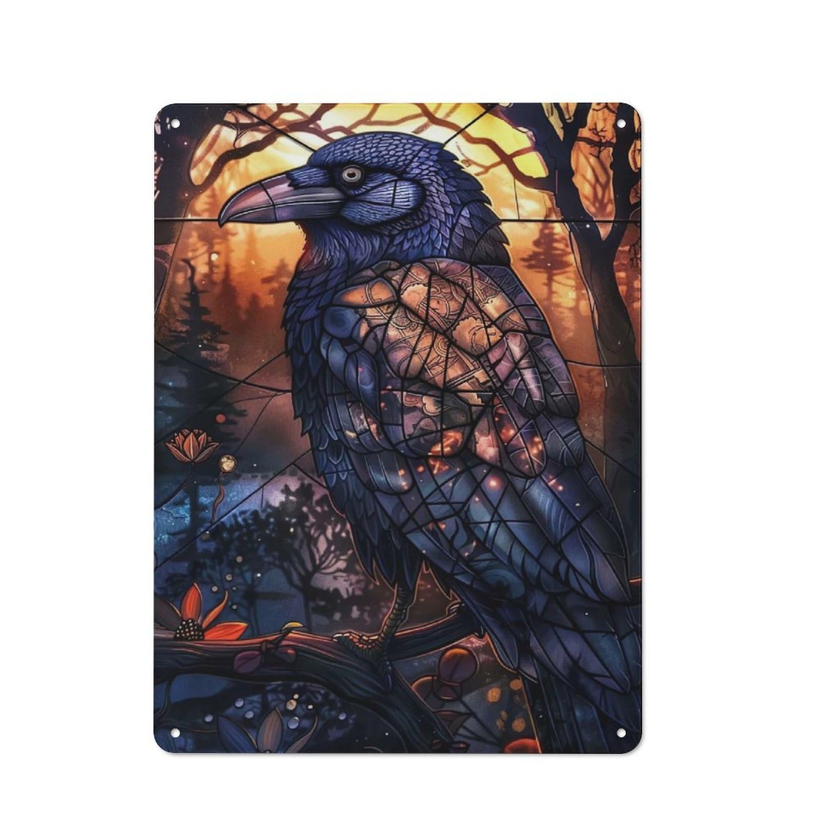 Stained Glass Raven Vintage Metal Sign 40x30cm, Bistro Style Bistro Wall Plaque for Tea Room, Shop Wall Or Breakfast Area