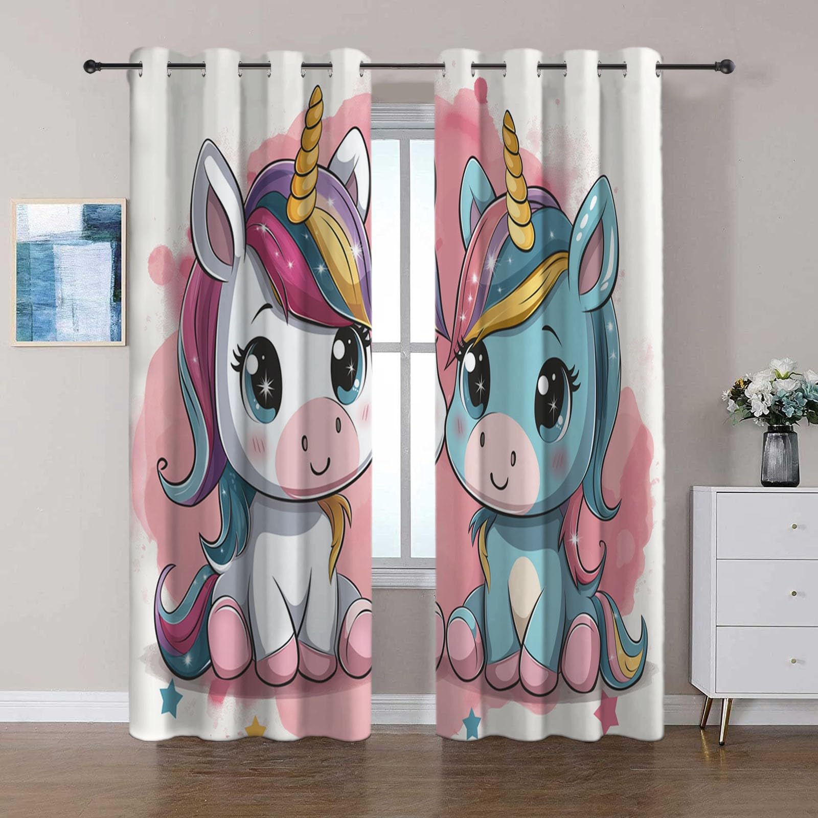 Rosa Cortinas Aislantes Unicornio de Dibujos Animados Cortina Opaca para Ventana Dormitorio Juvenil con Ojales Habitacion Salón Dormitorio Decoración de La Ventana 2 Piezas 75 x 166 cm