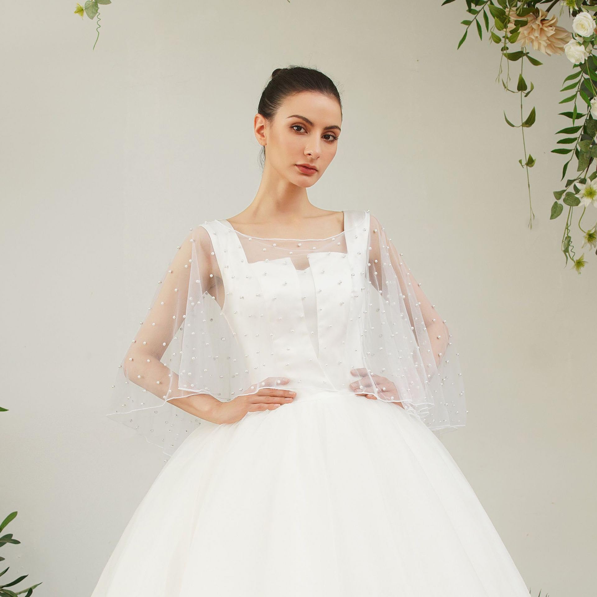 Capa de tul con cuentas de organza suave, capa de gasa elegante capa corta con perlas sintéticas, bufanda de cuello nupcial para novia, fiesta, boda, vestido de noche (1#)