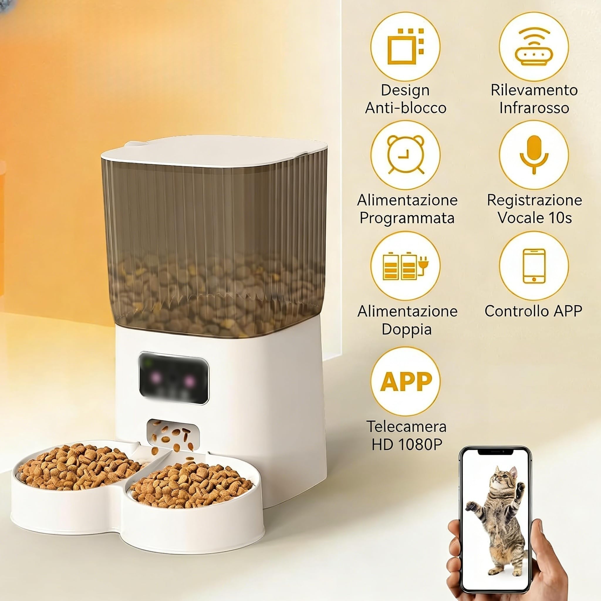 Distribuitore Automatico di Cibo per Gatti con Telecamera, Distributore di Crocchette Programmabile 5L con Timer, Video HD 1080P, Audio Bidirezionale, 2 Ciotole in Acciaio, Controllo App