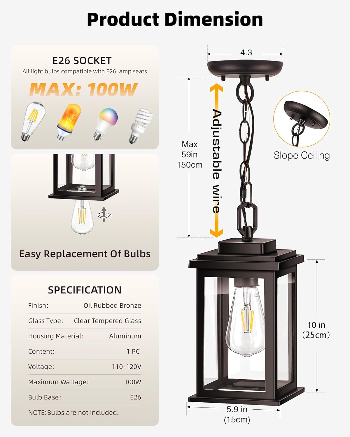 VIANIS Bronze Dusk to Dawn Outdoor Lighting, 2 Pack Outdoor Lights for House, Outdoor Pendant Lights, Hanging Porch Light, Bronze Outdoor Hanging Lights with Tempered Glass