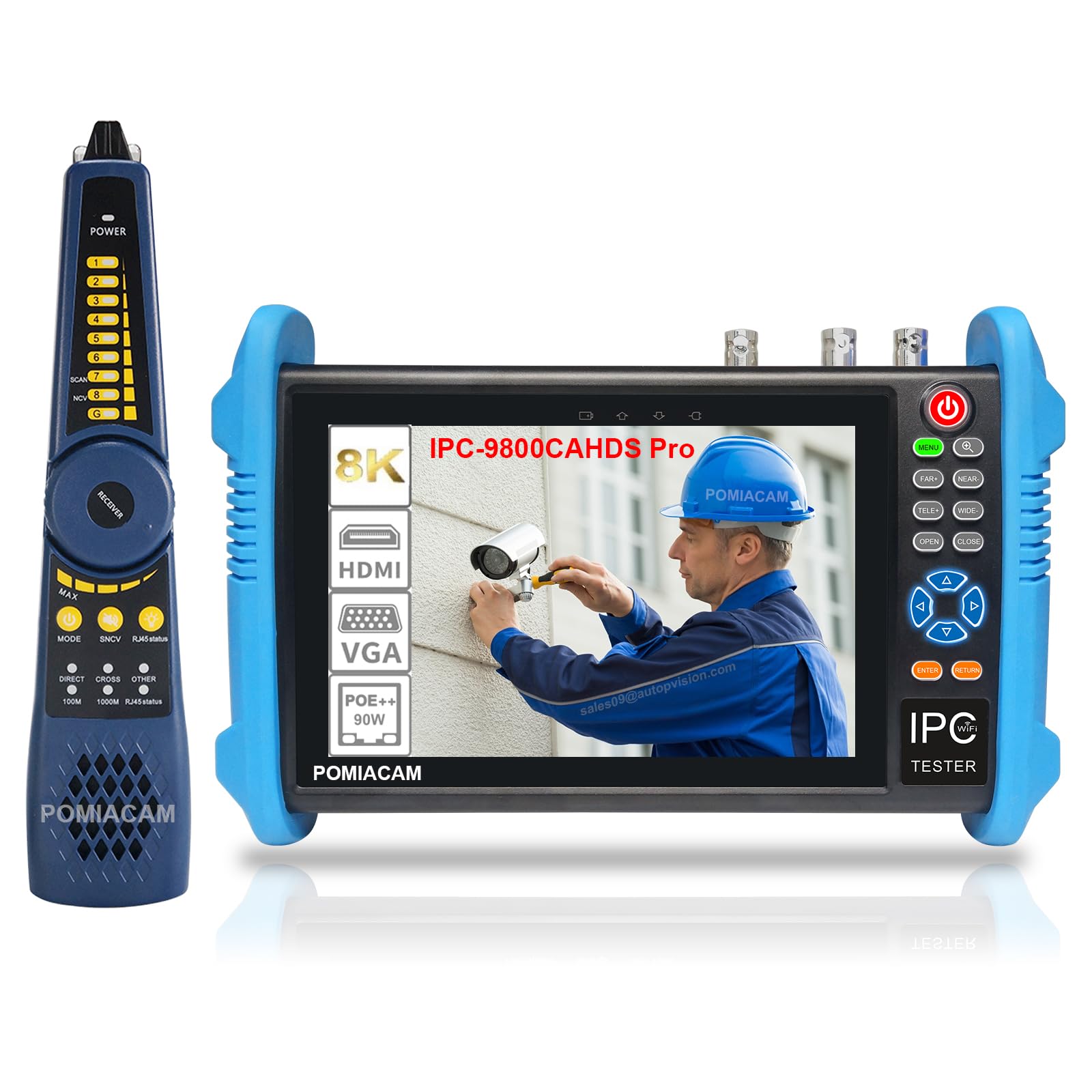 Tester CCTV 8K H.265 IP Camera Tester Monitor per telecamera TVI/CVI/AHD/SDI/CVBS da 8 MP con schermo da 7 pollici, con POE++ Max. 90 W, porta Gigabit SFP, ingresso/uscita HDMI, ingresso VGA