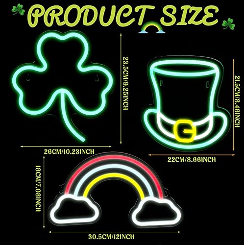 Miniatura 2 de ROCEEI 3 letreros de neón del día de San Patricio con luces LED de neón para festivales alimentados por USB, sombrero de trébol en forma de arco