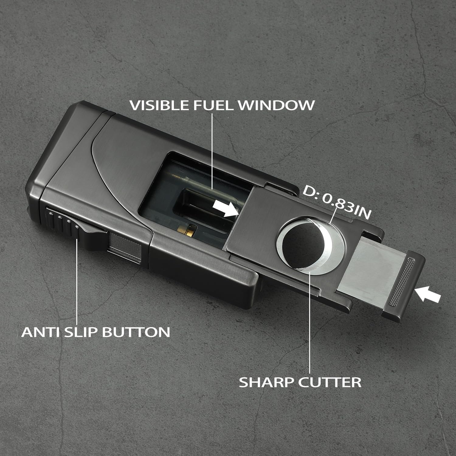 All in One Triple Jet Flame Butane Torch Lighter Built-in Cutter, Cutter V Cut, Punch, Holder Function, Draw Enhancer Tool, Refillable Windproof Gas Lighter, Mens Gifts. Grey(Sold Without Gas)
