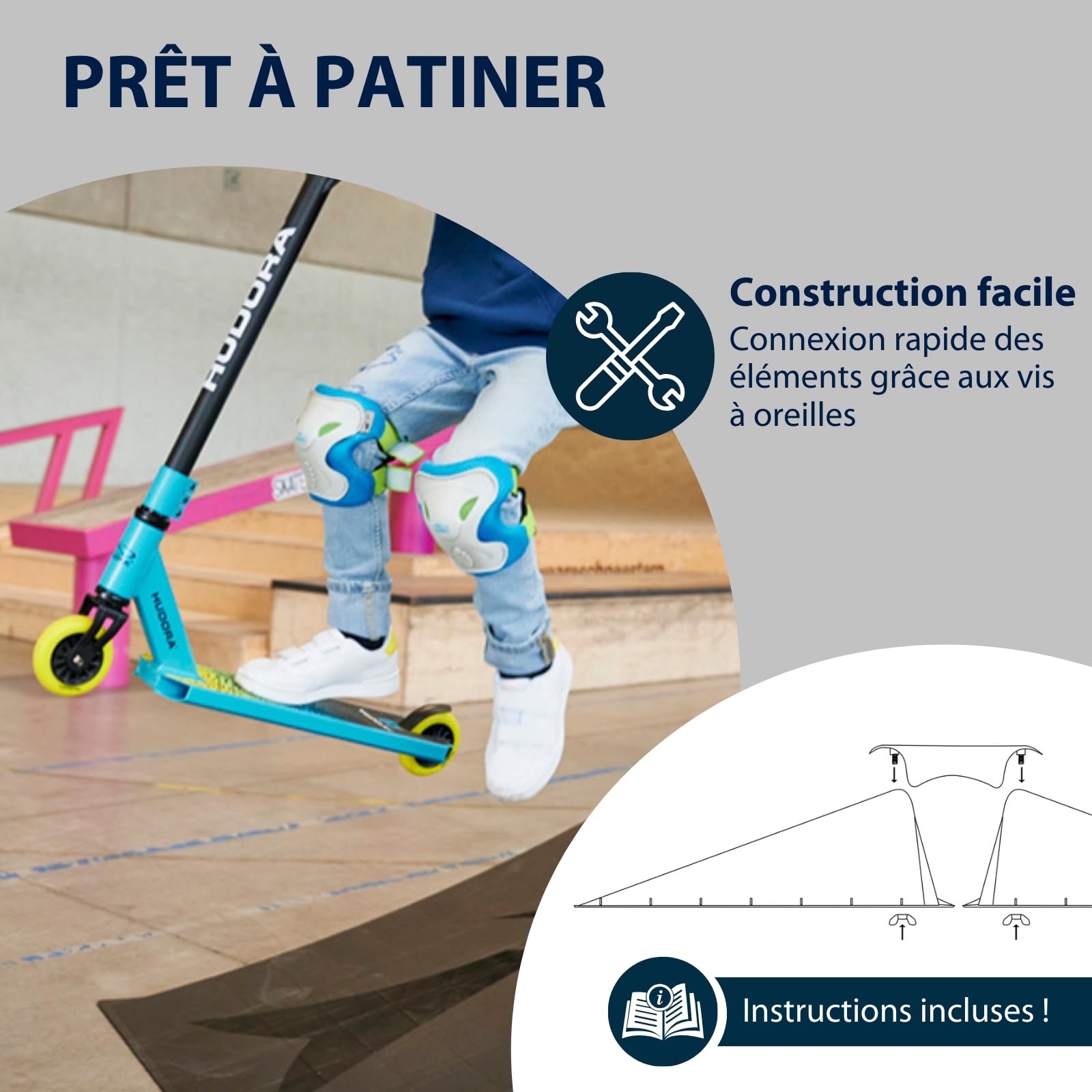 HUDORA Rampe de Skate - Set de 3/5 rampes de Skateboard pour la Cour & Le Jardin - Mini Rampe Polyvalente en Plastique pour Enfants & Ados jusqu'à 60/80kg - Equipement de Skatepark pour chez soi