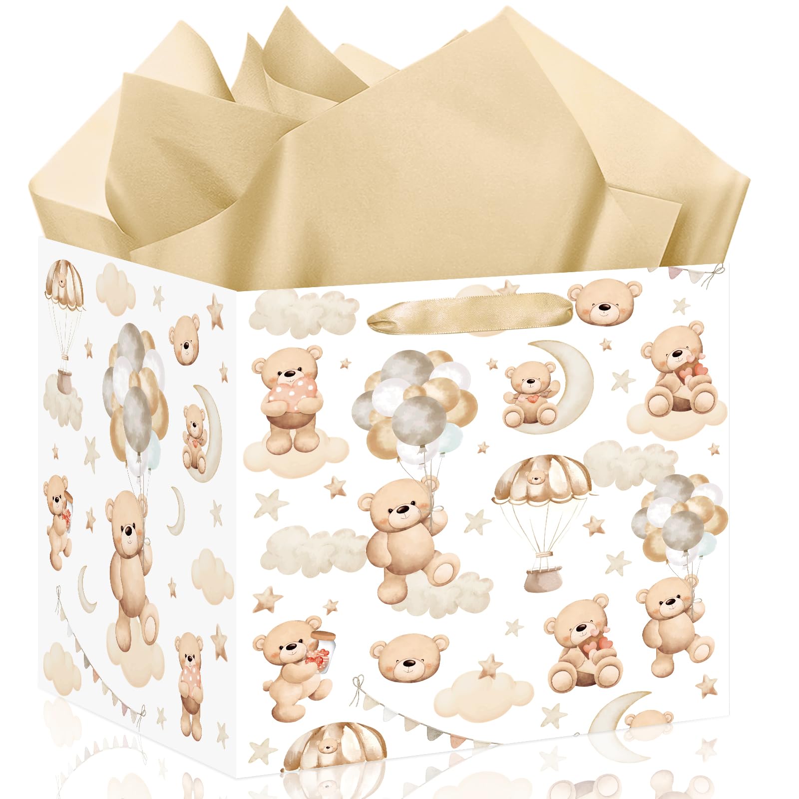 12'' Extra Large Bear Gift Bag for Baby Shower Neutral Brown Teddy Bear Large Gift Bags with Wrapping Paper Gender Neutral Baby Bear-Themed Birthday Bags Kids Newborn Gender Reveal Party Decor Unisex