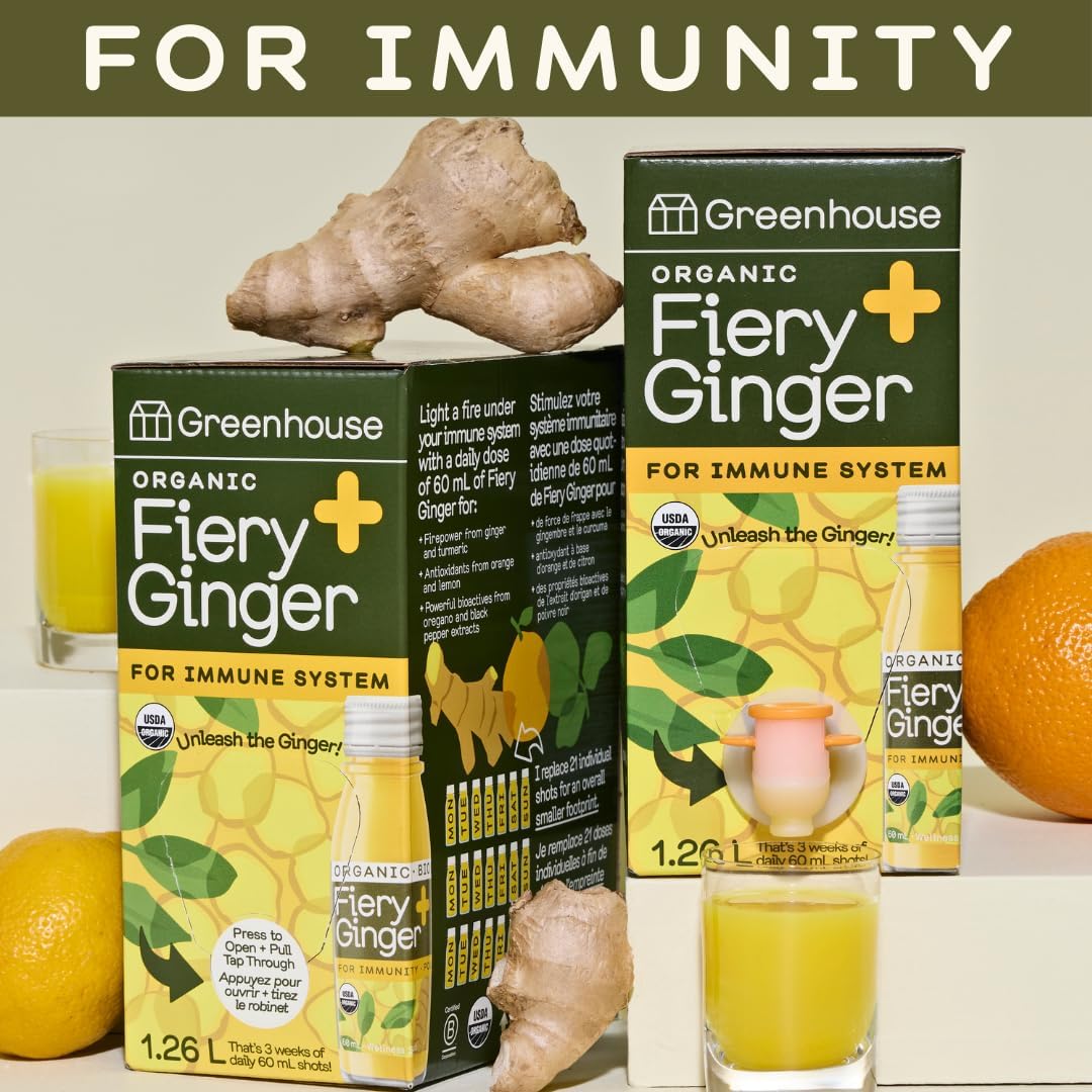 Greenhouse Juice Organic Fiery Ginger Wellness Shot Box Multipack 1.26L Ginger, Turmeric, Lemon, Black Pepper & Oregano | Immunity Wellness + Antiflammatory (Bag-in-Box Dispenser 2 Pack, Fiery Ginger)