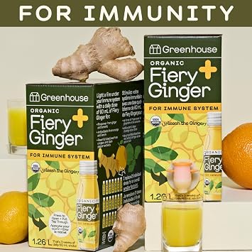Greenhouse Juice Fiery Ginger Immunity Shot Organic Cold-Pressed & Fermented Wellness Shot with Turmeric, Lemon & Black Pepper | Anti-Inflammatory | 3 Week Supply | Bag-in-Box Dispenser 42 Shots (2-Pack)