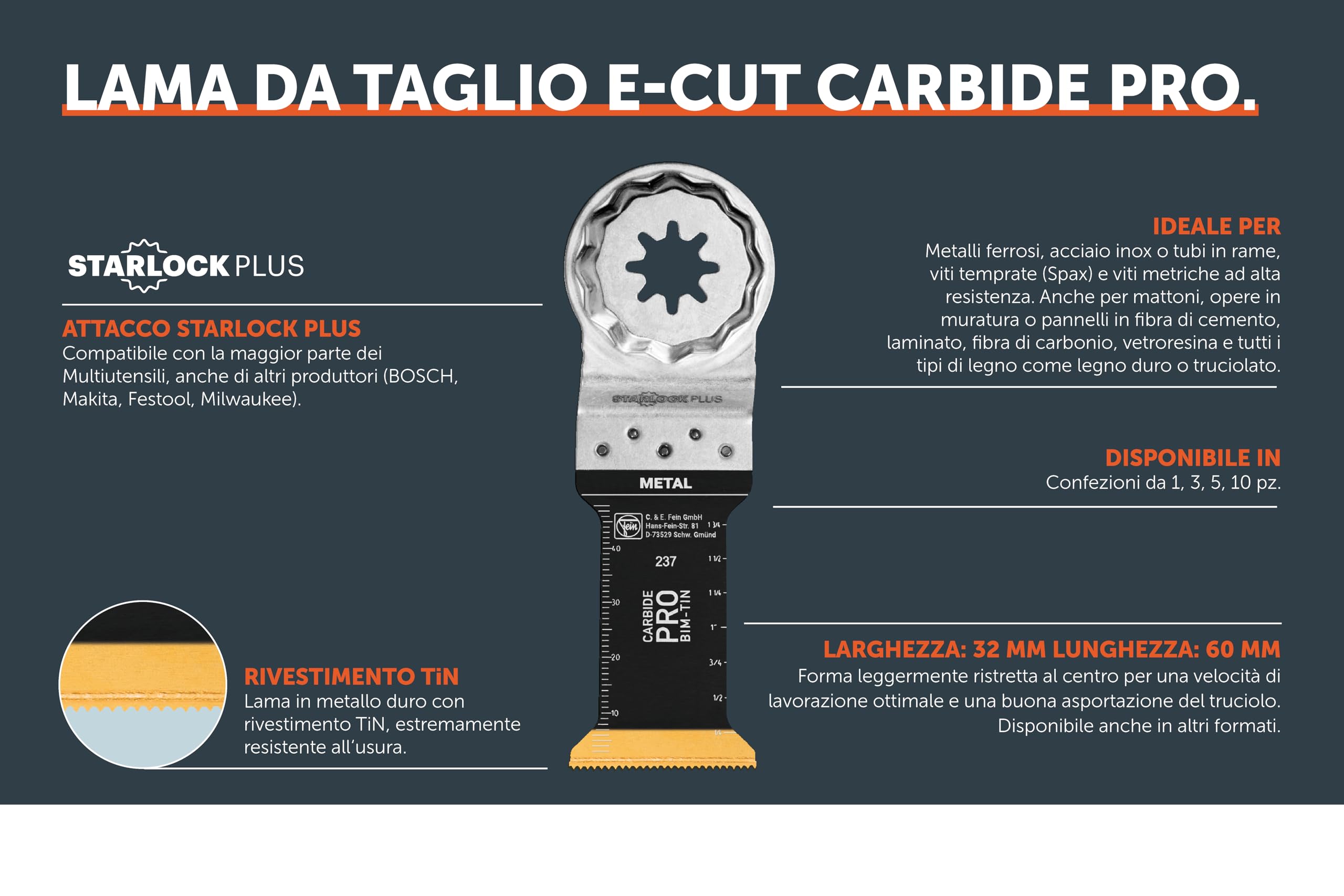 FEIN E-Cut Carbide Pro Lama da taglio in profondità, 1 pz., Larghezza 32 mm, Lunghezza 60 mm, Attacco Starlock Plus, Lama in metallo duro con rivestimento in TiN estremamente resistente all’usura