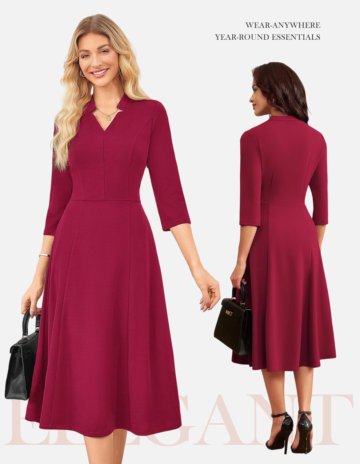 GRACE KARIN Work Dresses for Women 2025,Midi Business Dress,3/4 Sleeve Classy Fit and Flare Dress with Pocket - Image 4