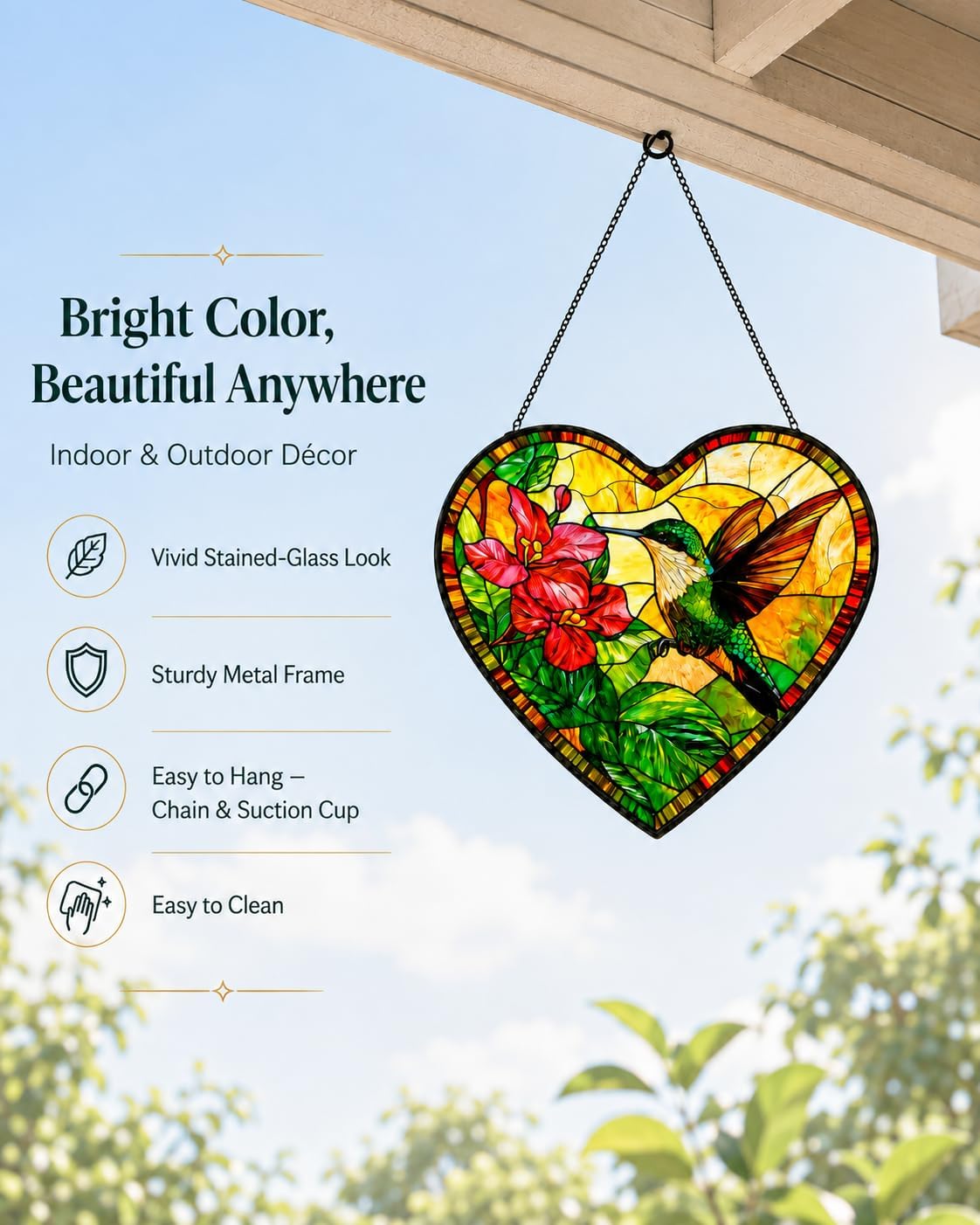 Stained Glass Sun Catcher, Heart-Shaped Hummingbird with Red Flowers and Green Leaves Sun Catcher, Stained Glass Window Hanging, Perfect for Women, Men, Wives, Aunts, and Moms image 4