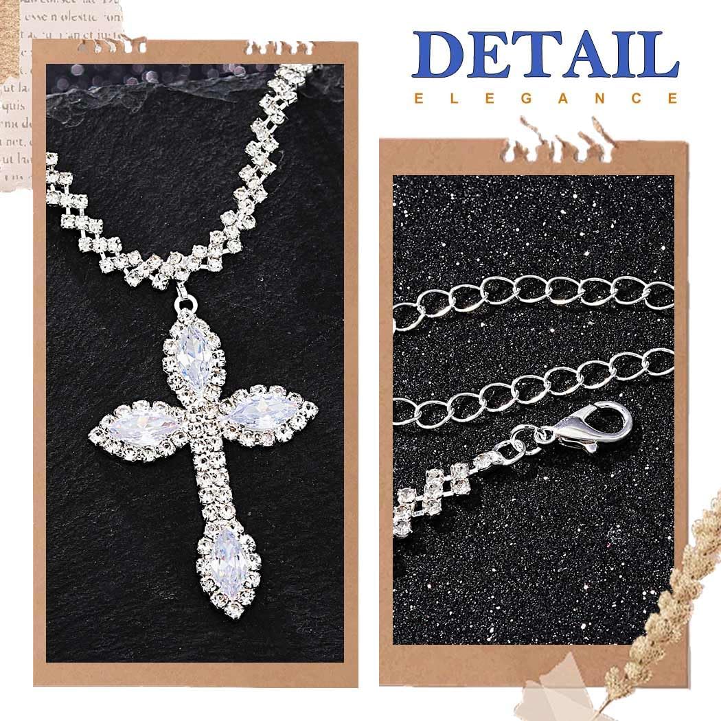 EARENT Rhinestone Cross Necklace Dainty Silver Crystal Necklace Chain Sparkly Easter Prom Neck Jewelry for Women - Image 3