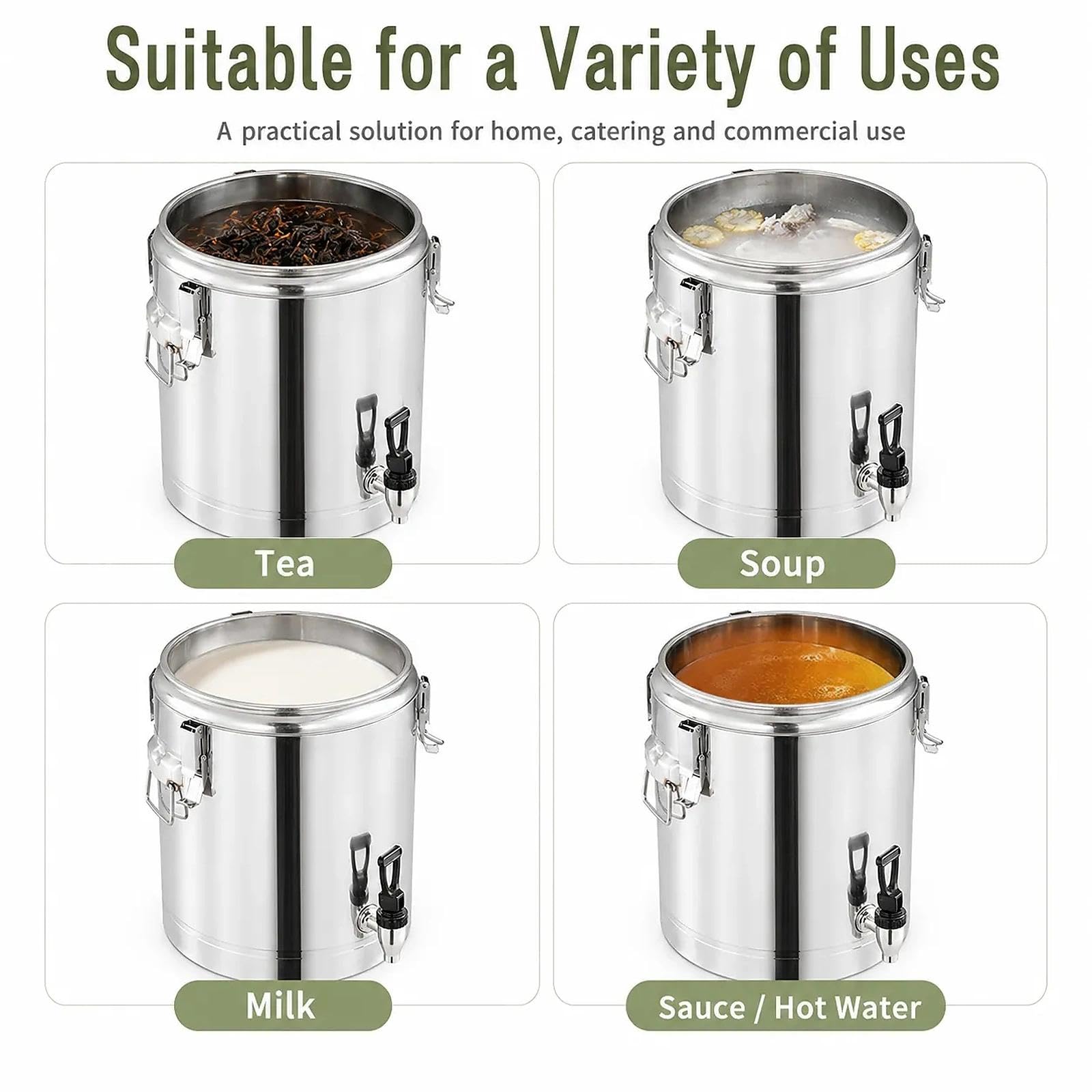 Dispensador de bebidas de acero inoxidable con grifo, recipiente aislado para alimentos, almacenamiento versátil para aceite de cocina, leche, ideal para catering y cocina, 9 paquetes