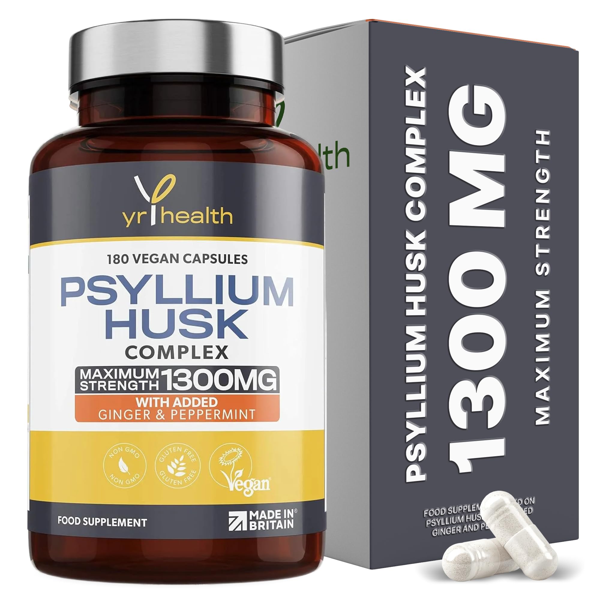 Psyllium Husks Capsules - 1300mg Fibre Supplement - 180 Vegan Capsules with Added Peppermint & Ginger - 2 Capsules not Tablets Per Serving - Plantago Ovata Plant Seeds - Made in The UK by YrHealth