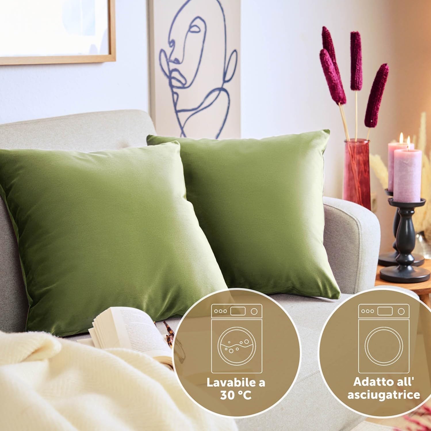 Blumtal Set di 2 Federe Cuscini Divano 40x40 cm in Velluto, con Chiusura Lampo Invisibile, Eleganti Copricuscini Divano in Morbido Velluto,Taglia 40 x 40, Verde