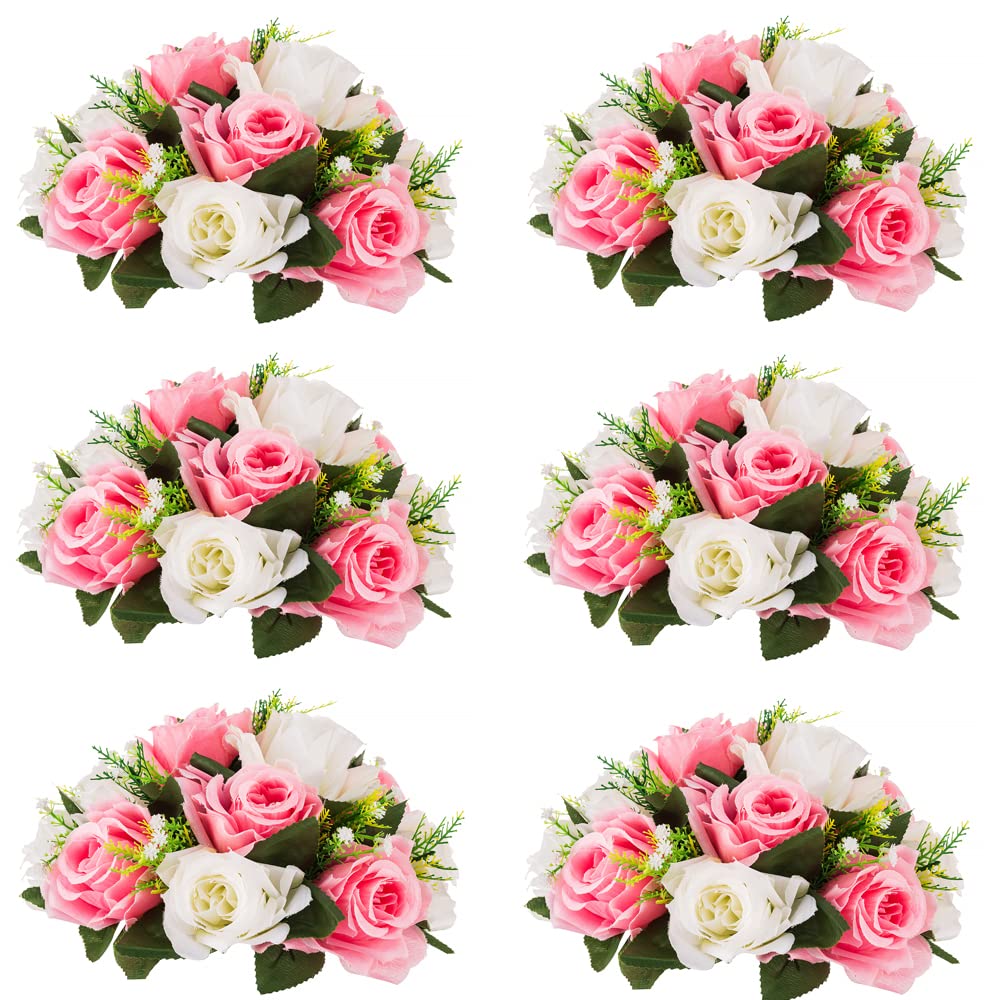 Inweder Wedding Flower Balls for Centerpieces - 6 Pcs Artificial Flower Ball Arrangement Bouquet, Fake Flowers Rose Balls for Weddings, Birthday Party, Valentine's Day, Home Decor, Pink & White