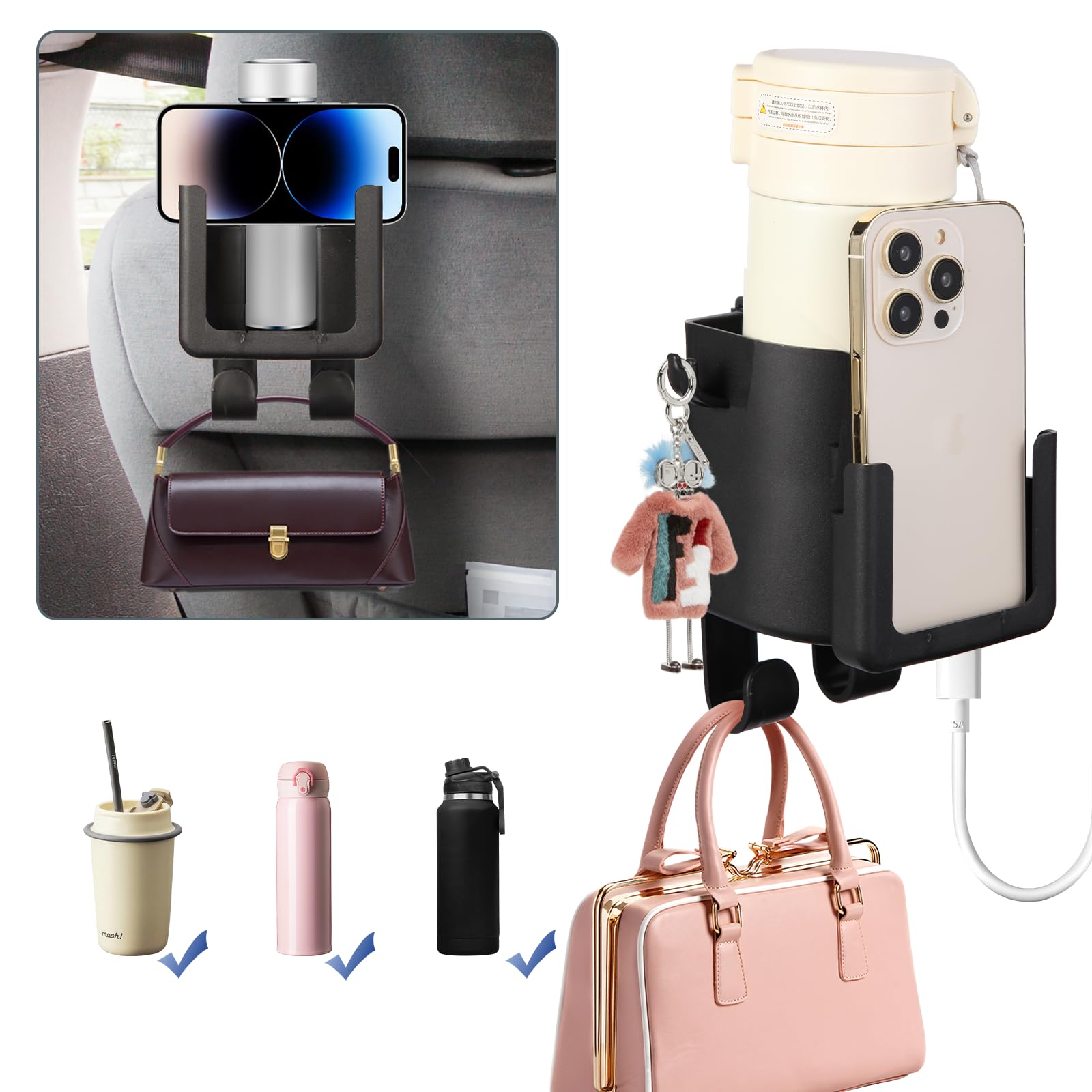 Premium Large Capacity Headrest Cup Holder for Back Seat, Upgraded Headrest Cup Holder with Car Hooks, Over The Headrest Cup Holder, Car Headrest Cup Holder Fits Universal Vehicle Storage Organizer