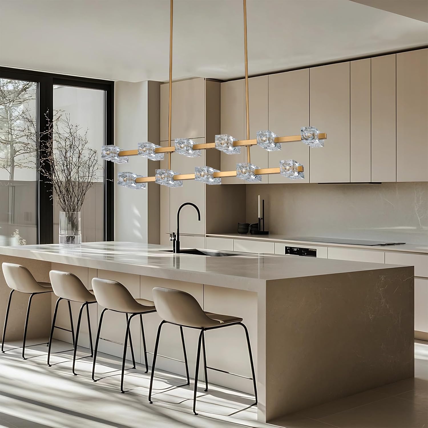 48 inch Golden Modern Crystal 22 Head Dining Room Pendant Light, semi Embedded Double-Layer Ceiling Light, Suitable for Kitchen Island, Farmhouse, Dining Room, Living Room