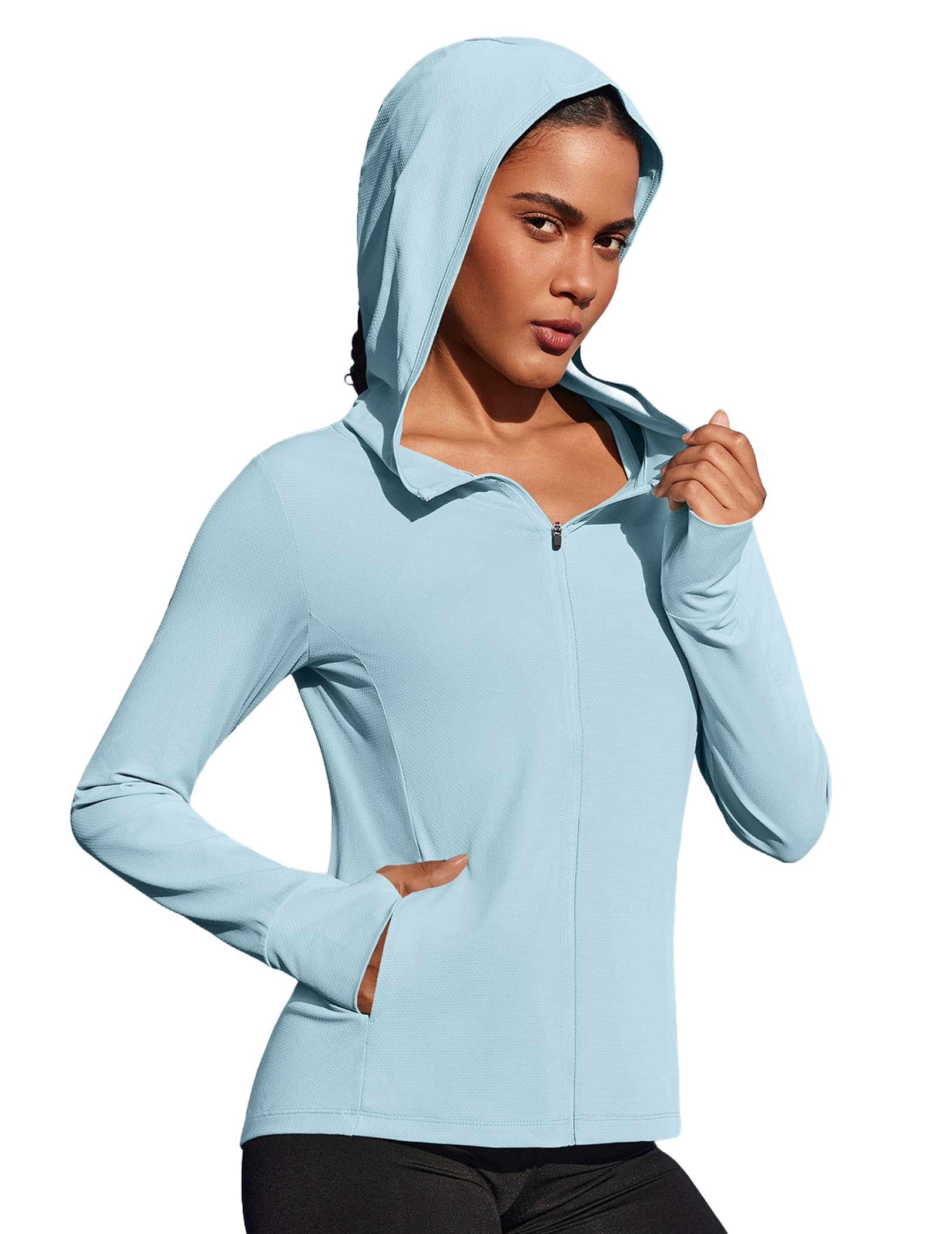 PINSPARK Women's UPF 50+ Sun Protection Hoodie Jacket Lightweight Full Zip Athletic Jacket Long Sleeve Shirt with Pockets