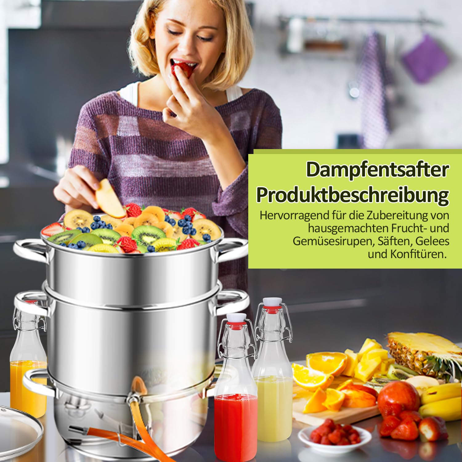 Extracteur de jus à vapeur, 16 l, diamètre : 26 cm, en acier inoxydable, avec 4 bouteilles à étrier, convient à tous les types de feux, extracteur de jus de fruits et légumes, passe au