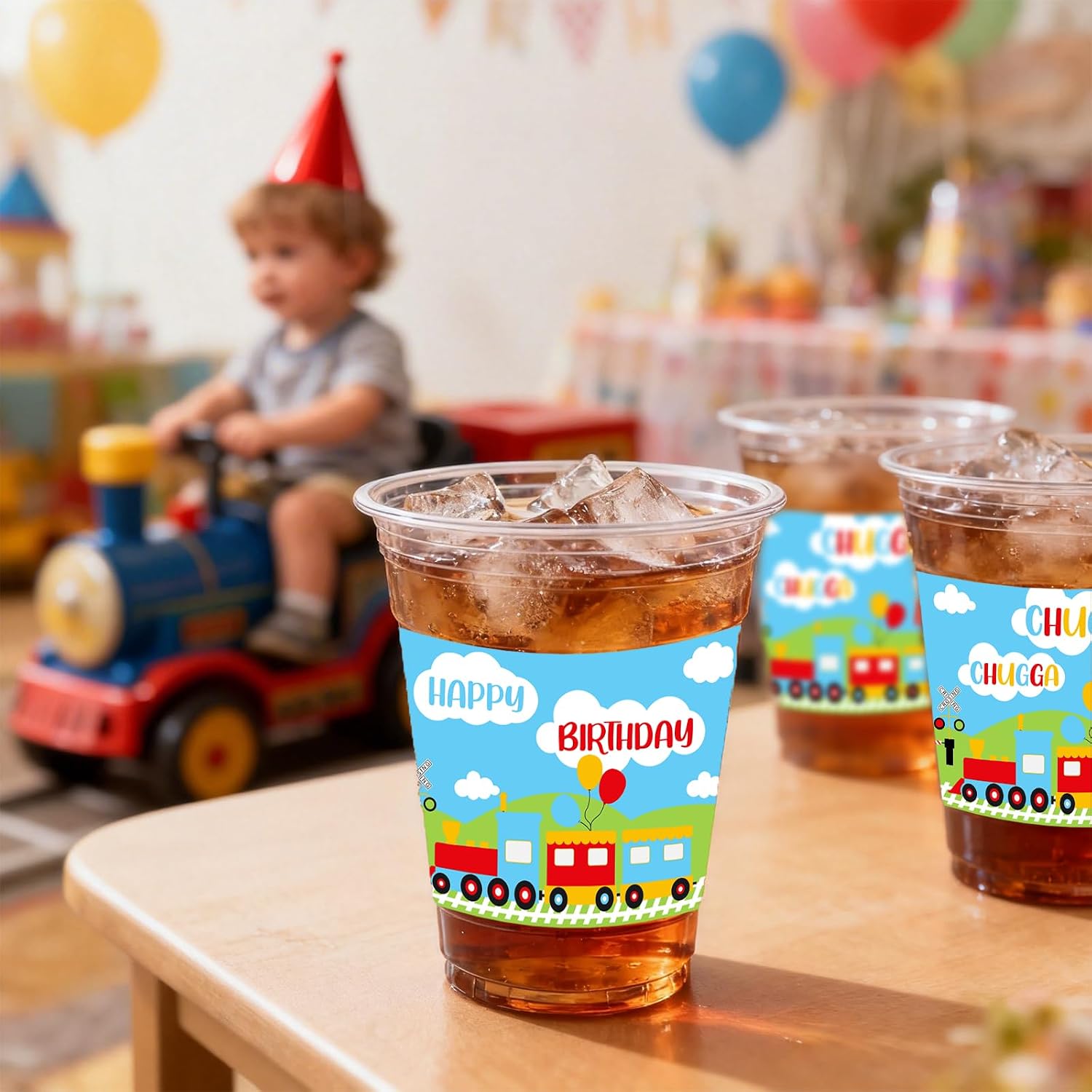 50 PCS Chugga Chugga Two Two Birthday Plastic Cups,12 OZ Clear Disposable Cold Hot Drinking Cups Beverage Water Container Train Themed 2nd Birthday Party Supplies