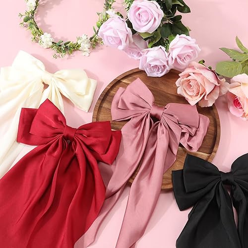 Miniatura 3 de 4 lazos grandes para el cabello, pinzas grandes para el cabello, pasadores franceses de color sólido, lazo sedoso de satén de cola larga, lazos para