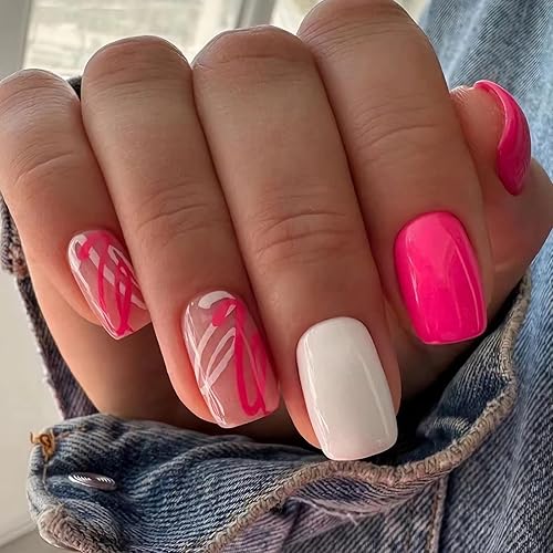 Miniatura 1 de BABALAL Uñas postizas cuadradas a presión, medianas, color rosa intenso, para el verano, uñas acrílicas cuadradas ovaladas brillantes para mujeres y