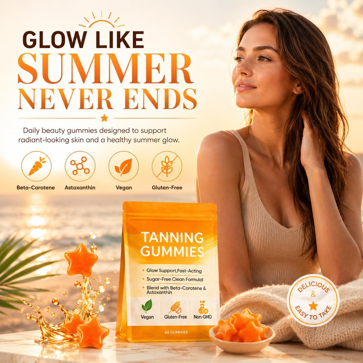Tanning Gummies, Tanning Gummies for Women & Wen, with Beta Carotene, Astaxanthin and Vitamins, for Natural Skin Support & Radiant Healthy Skin – Vegan, Gluten-Free, 60 Gummies (1)