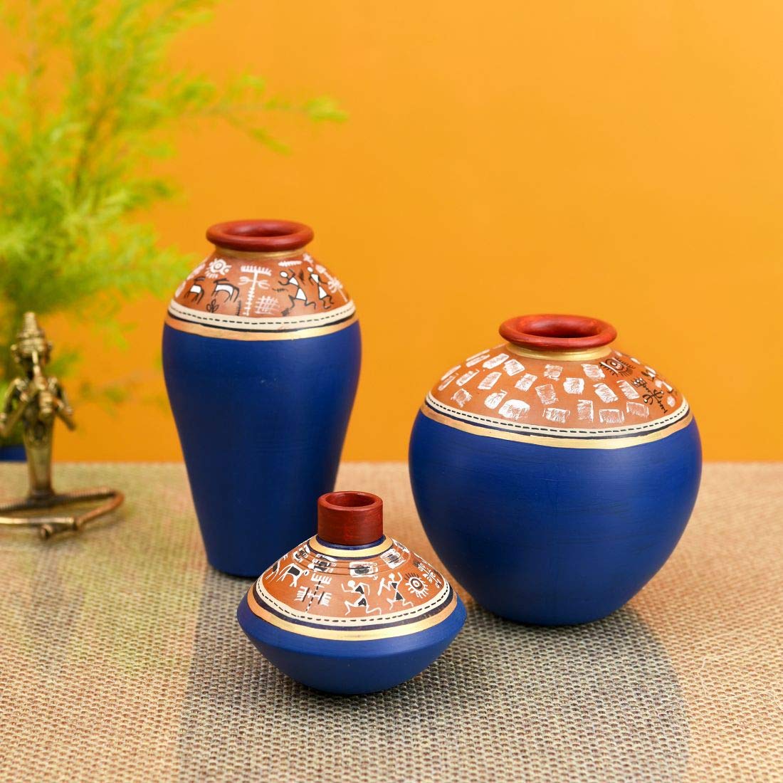 Aakriti Art Creations Exotic Warli Vases in Blue Color (Set of 3)