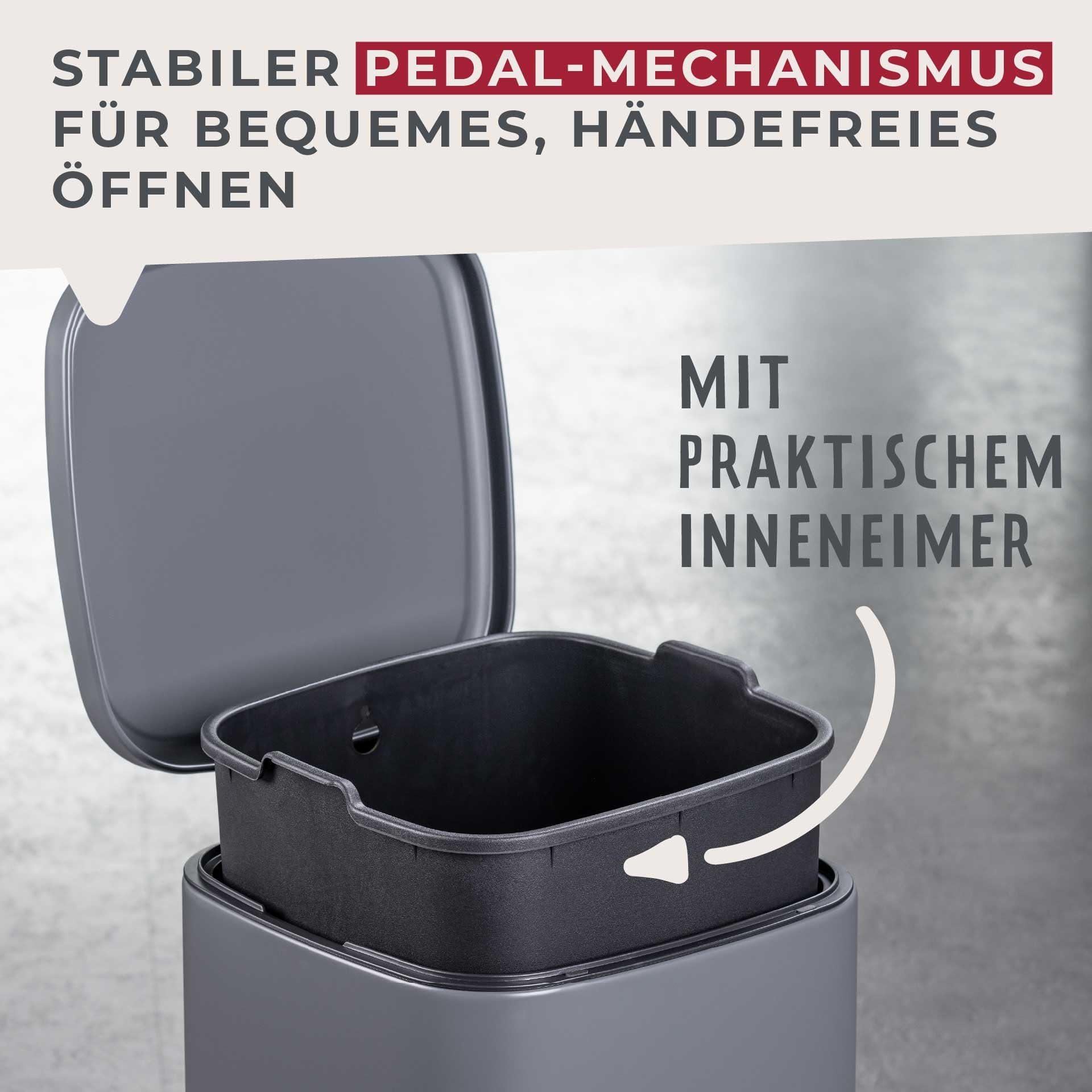 FACKELMANN LONDON Pedal-Abfallsammler 6L – Stilvolles Design in Dunkelgrau, Mit gedämpftem Deckel und Anti-Fingerprint Oberfläche, ca. 20 x 26 x 29 cm