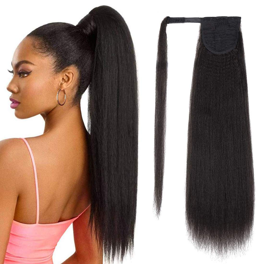Eerya 22Inch Long Yaki Straight Ponytail Hair Extensions Kinky Curly Wrap Around Pony Tail Synthetic Hairpiece Hair Piece for Girl Lady Woman (2#)